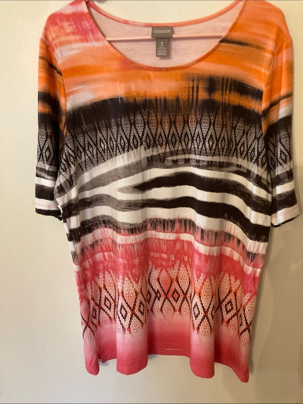 Chico's Size 3 US 16/18 Orange Pink Black White Striped  Scoop Neck Tunic